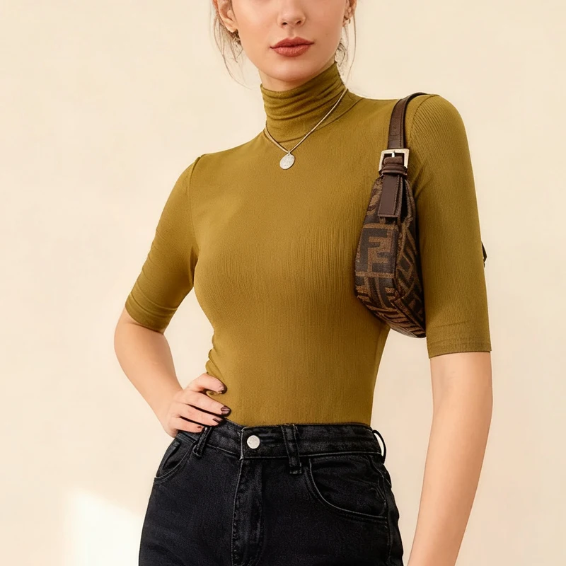 

Casual Slim Fit Knitted Shirt Fashion High Neck Sweater for Women Elegant Half Sleeved Sweater Office Lady Knitted Tops QD0423