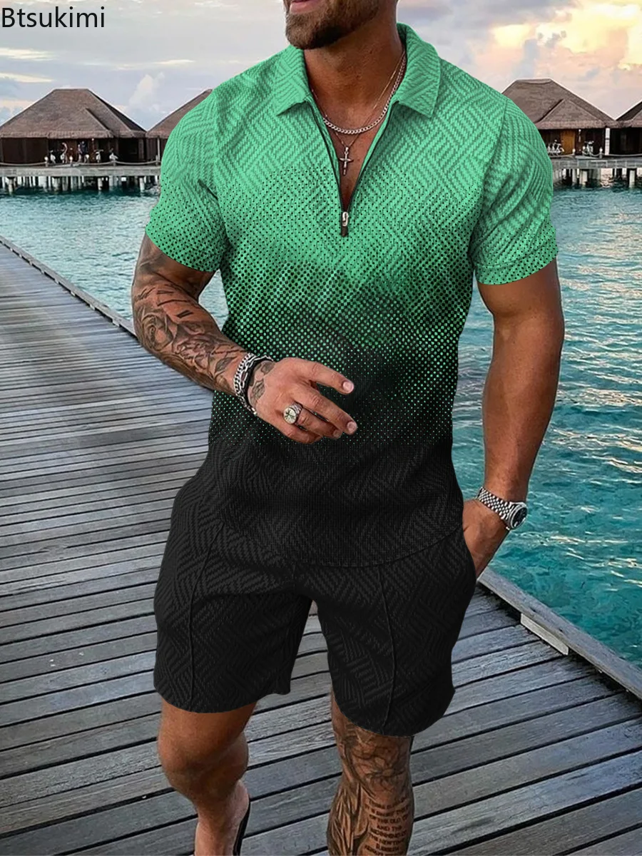 Summer New Men's Trendy Patchwork Contrast Color Two-pieces 3D Print Half Zip Polo Shirt+Shorts Casual Suit 2024 Men Streetwear