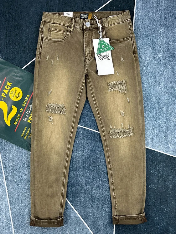 

High-End Cotton Straight Leg Men's Jeans American Vintage Slim Fit Trousers Youth Long Pants mid Waist Denim Fabric Four Seasons
