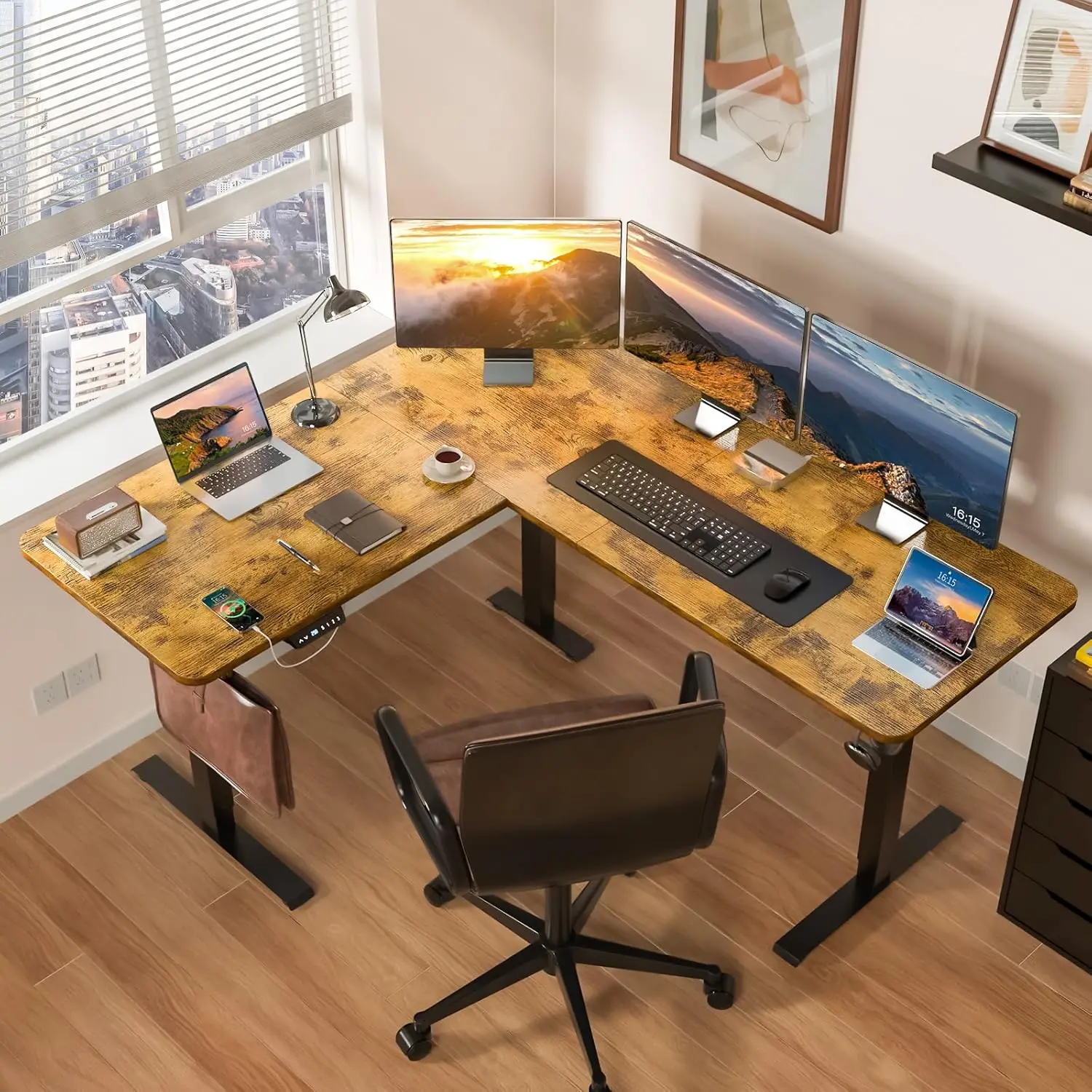 Mesa de pé elétrica em forma de L de 63 * 55 polegadas com altura ajustável, mesa de canto