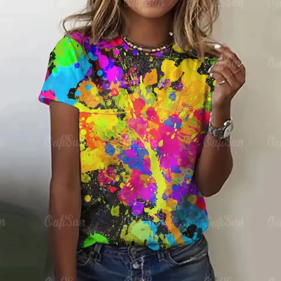 Colorful Splash 3D Painting Women's Summer T-Shirts Y2K Street Fashion Casual Style Loose Plus Size Short Sleeve T Shirt 2025
