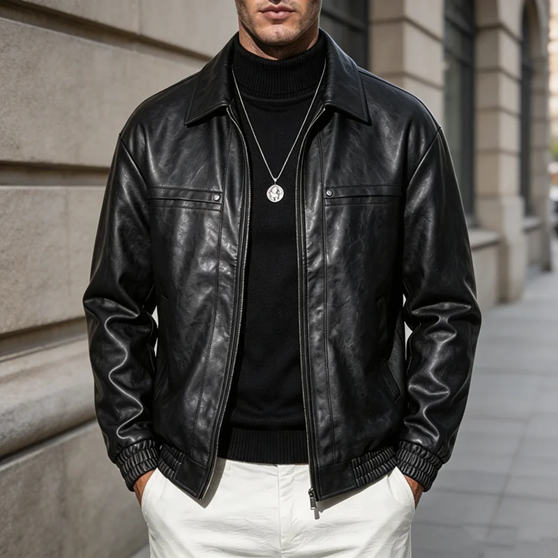 Daily Casual Lapel Zip Up Jacket Mens Fashionable Solid Color Suede Leather Long Sleeve Outerwear Loose Coat Fall For Men