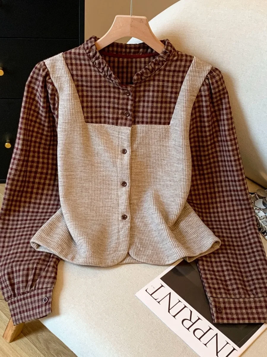 

Women's Plaid Long Sve irt Autumn New Sle Retro ort Top Self-kept Pattern Splicing Button Stand Collar Asymmetrical ...