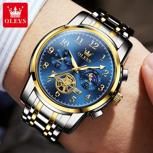 Imagen 2 del producto OLEVS-Reloj de pulsera de cuarzo para hombre, cronógrafo luminoso de acero inoxidable, fase lunar, a la moda, nuevo, 2900