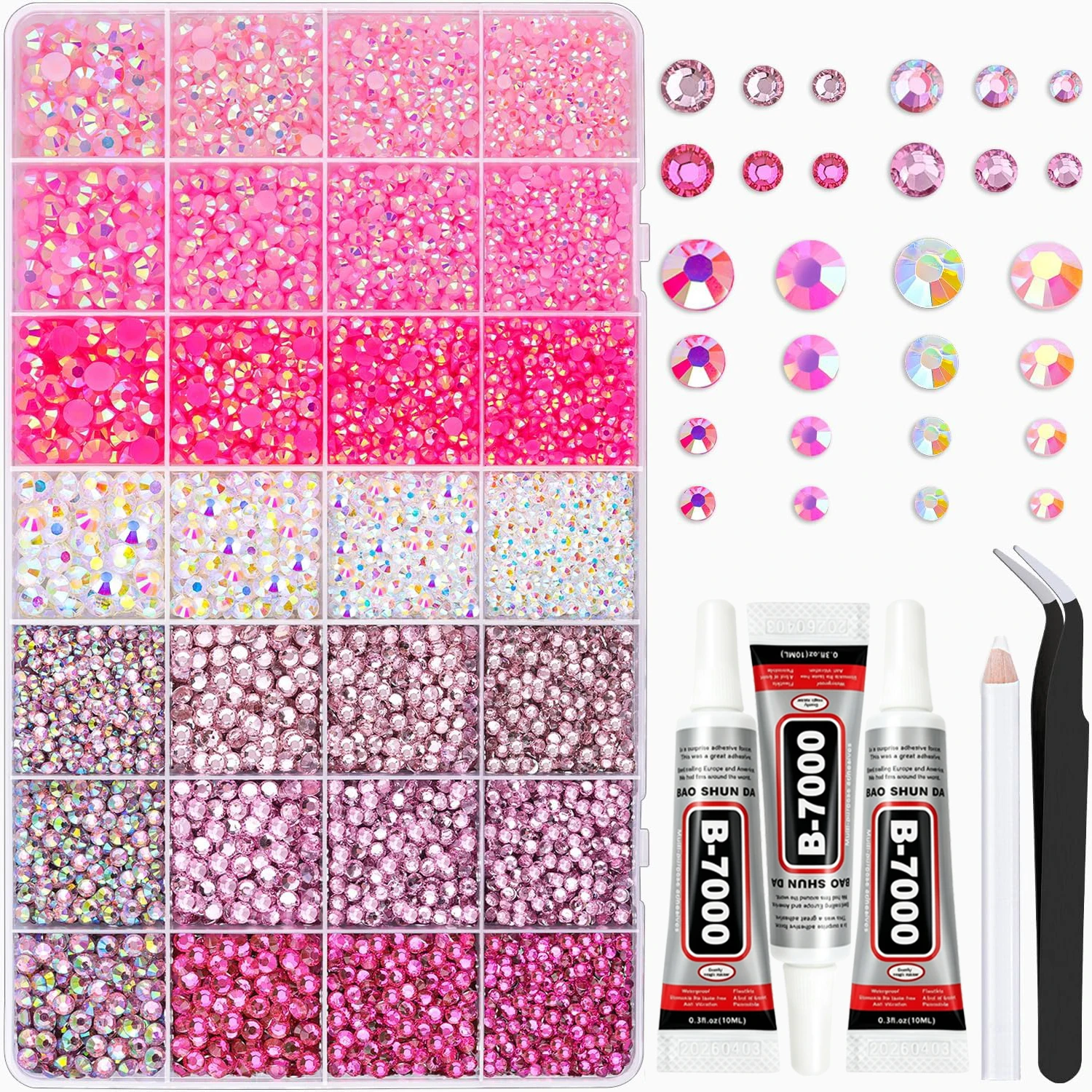 2-6mm Pink Resin Rhinestones for Bedazzling Kit with 3Pcs B7000 Jewelry Glue Flatback Gems Nail Art Rhinestones