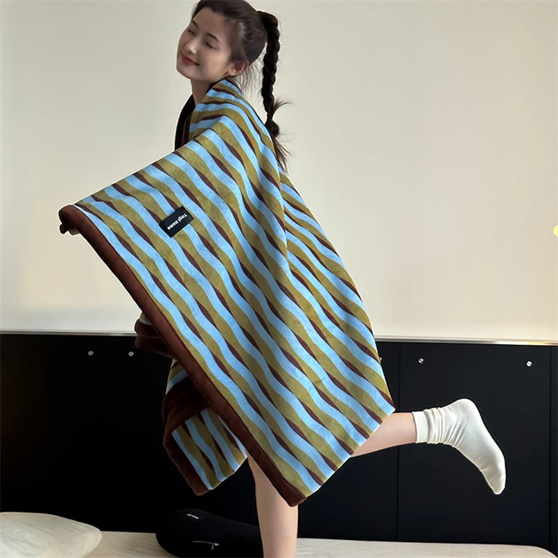 Ins Style Striped Double Layer Composite Blanket Office Shawl Blanket Winter Thickened Bed Sheet Milk Velvet Sofa Blanket