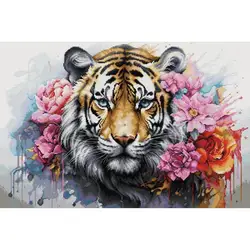 Flowers Tiger Animal Pattern Cross Stitch Kit Aida 14 16 11ct White Counted HD Printed Cloth Cotton Thread Embroidery Home Decor