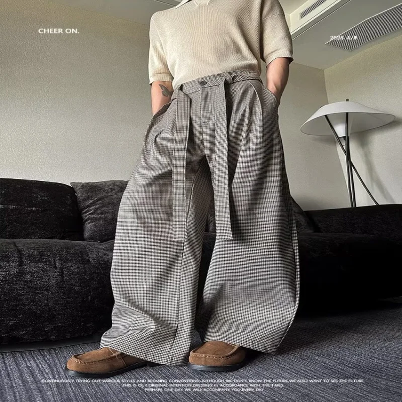 

Осень 202, новые черно-белые клетчатые брюки с высокой талией, бретельками для похудения и повседневной драпировки, свободные и универсальные брюки