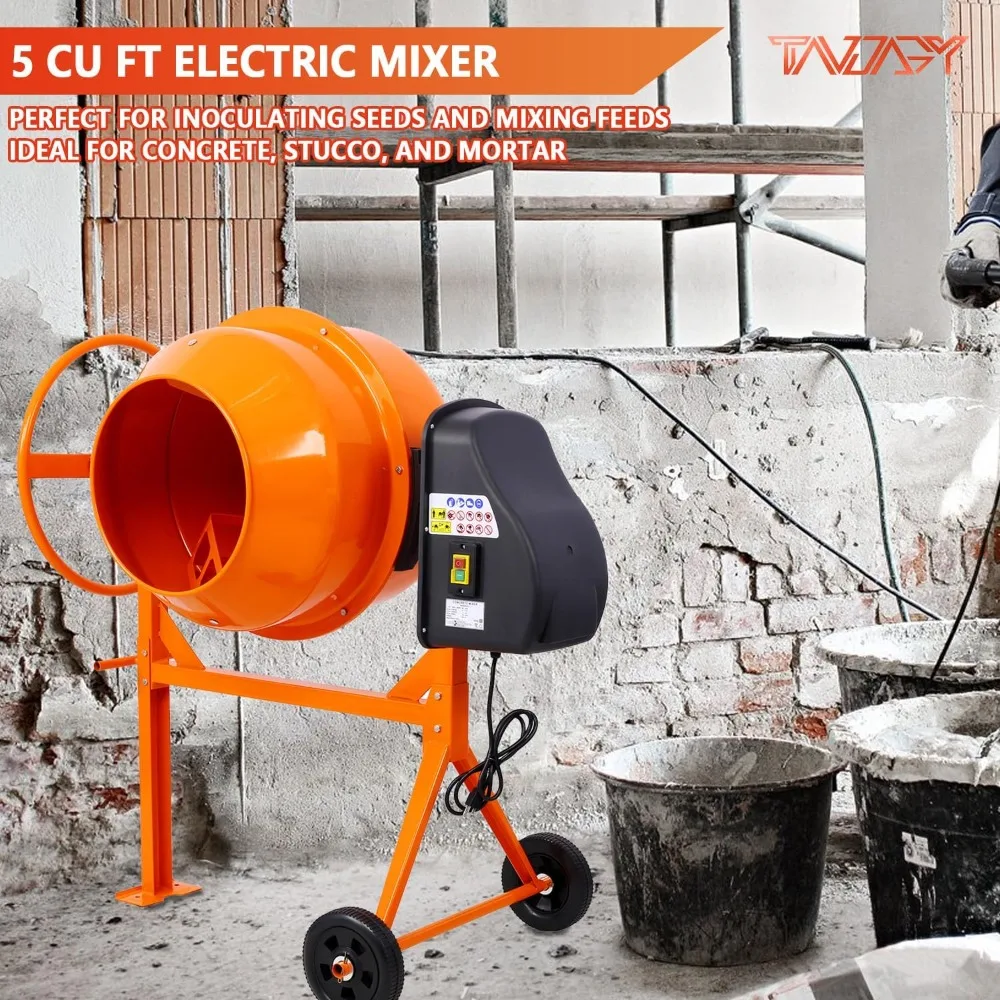 5 Cu Ft Concrete Cement Mixer 2/3 HP Electric Mixer Machine with Wheel Freestanding Barrow Machine 120V Concrete Mixer