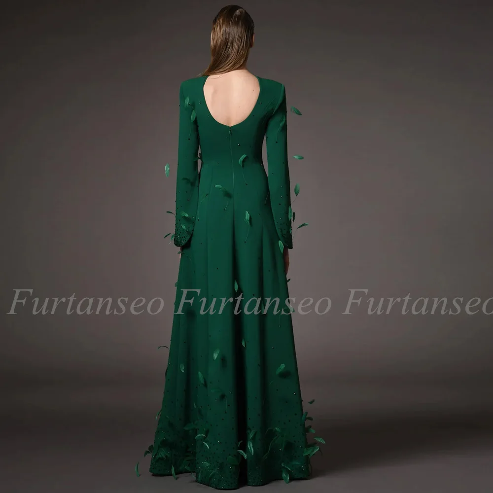 Feathers Prom Dress Customized Formal Party Gown Open Back Long Sleeves Beadings A Line Saud Arabian Evening Dresses Long