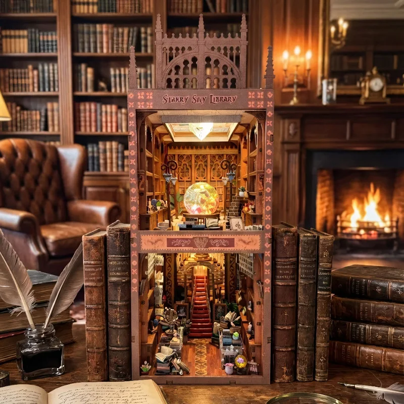 星空図書館 3D DIY 木製ブックエンドモデルキット - 3D組み立てパズルおもちゃ、ミニチュアハウスデコレーションデスクトップオーナメントギフト