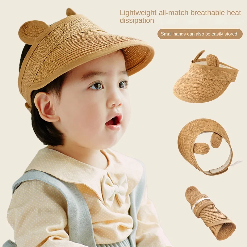 Sombrero de paja con orejas de conejo para niños, gorros plegables, visera de protección ajustable para exteriores, 1, 2, 3 y 4 años