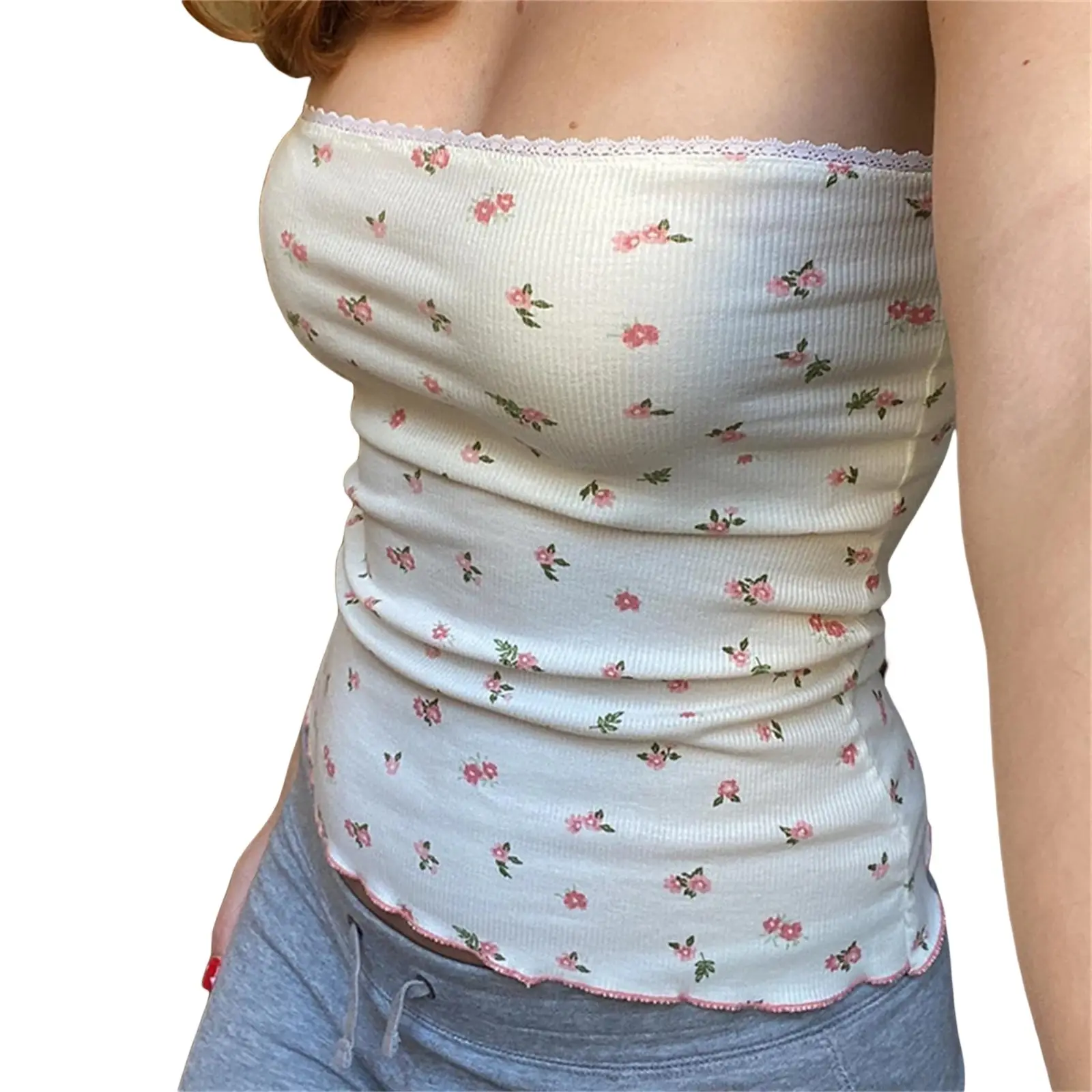 Dames Bloementube Tops Kanten Strapless Nauwsluitende Crop Tops Zomer Casual Y 2K Bandeau Tanktop