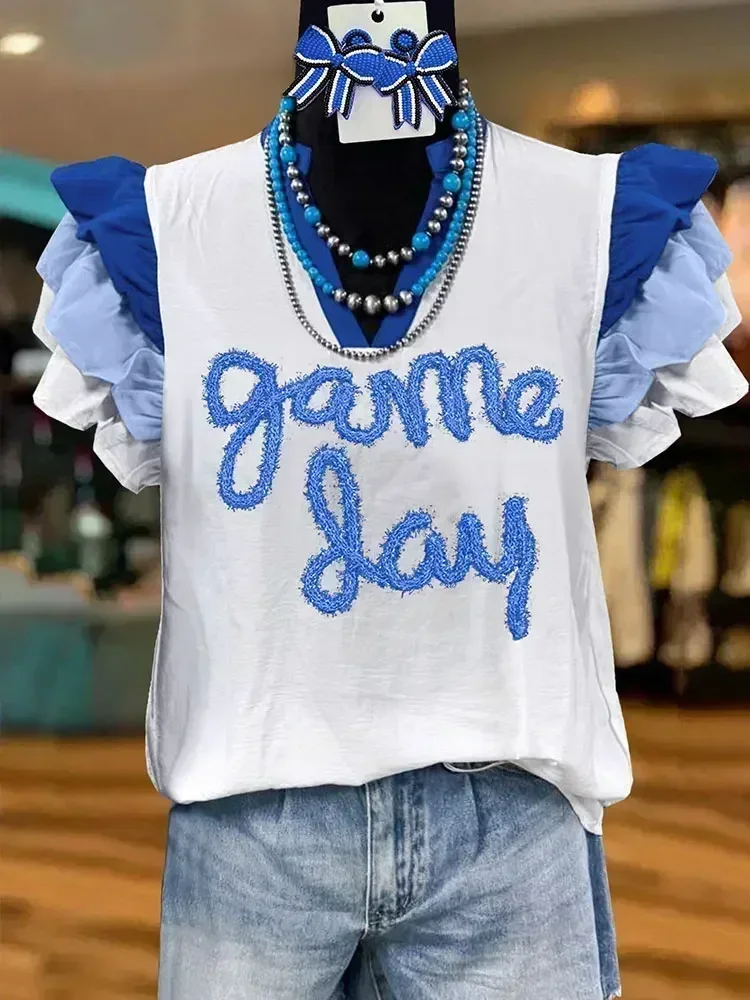 Casual Gameday Letter Stripe Print Top  Ruffled  Blouse