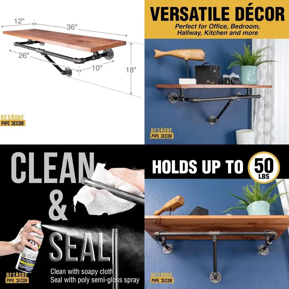 

Industrial Steel Pipe Wall Rack with Solid Wood Shelf, Vintage Multi-Purpose Storage for Home, Sunset Cedar