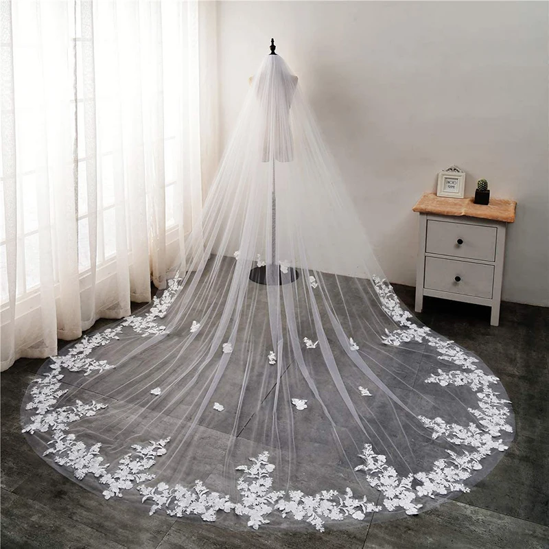 Spring New White Ivory Appliqued Cathedral Veils Real Photos 3 Meter Wedding Veil 2025 With Comb Boda Velo De Novia