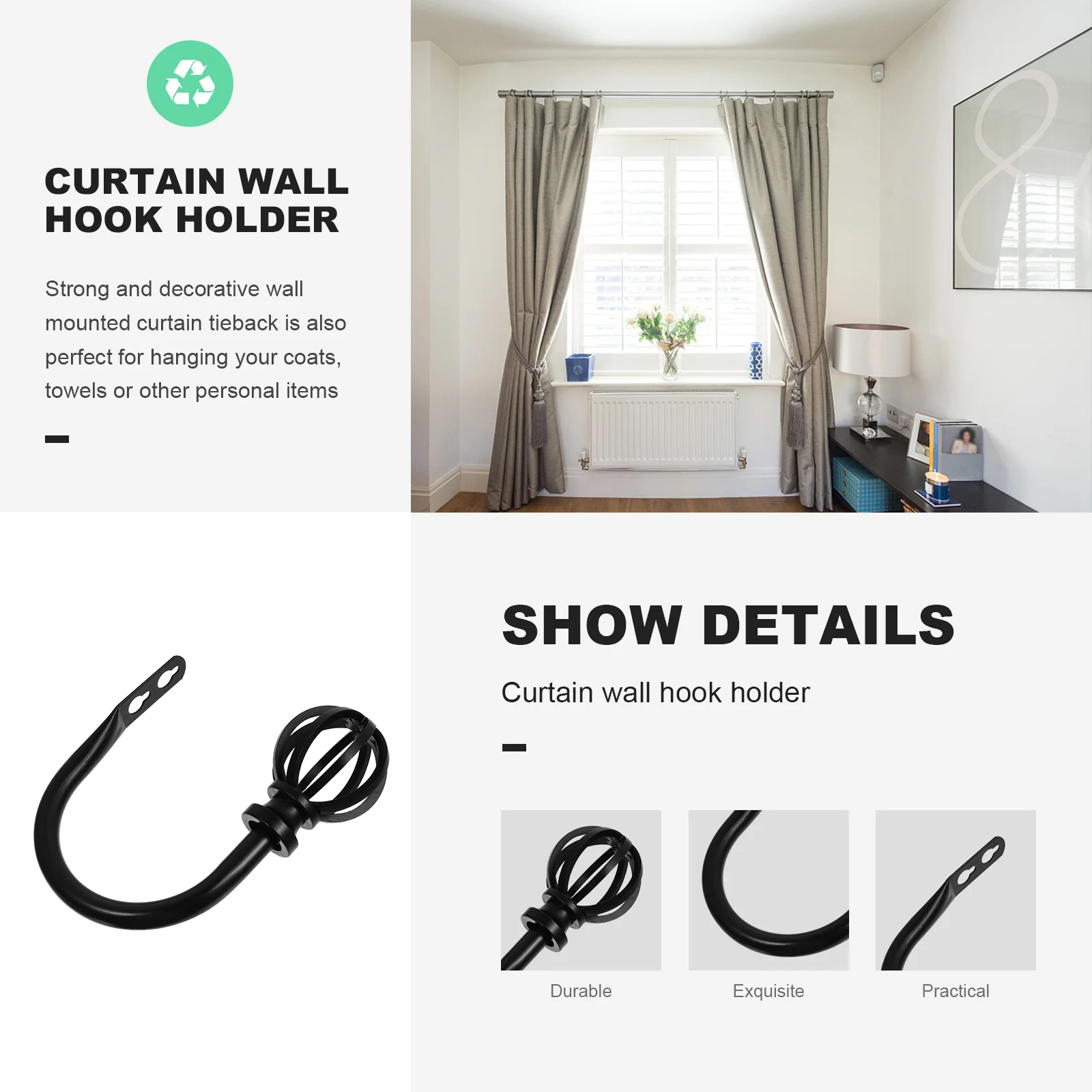 

2Pcs Iron Curtain Holders Simple Shape Design for Living Room Office Use Curtain Holders Household Hooks
