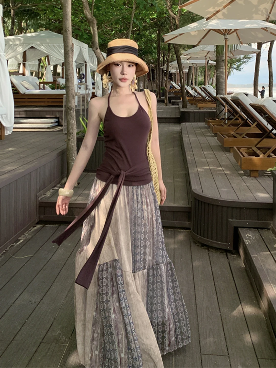 

Винтажный комплект из топа с открытыми плечами и юбки кофейного цвета для женщин, летний пляжный модный комплект из двух предметов