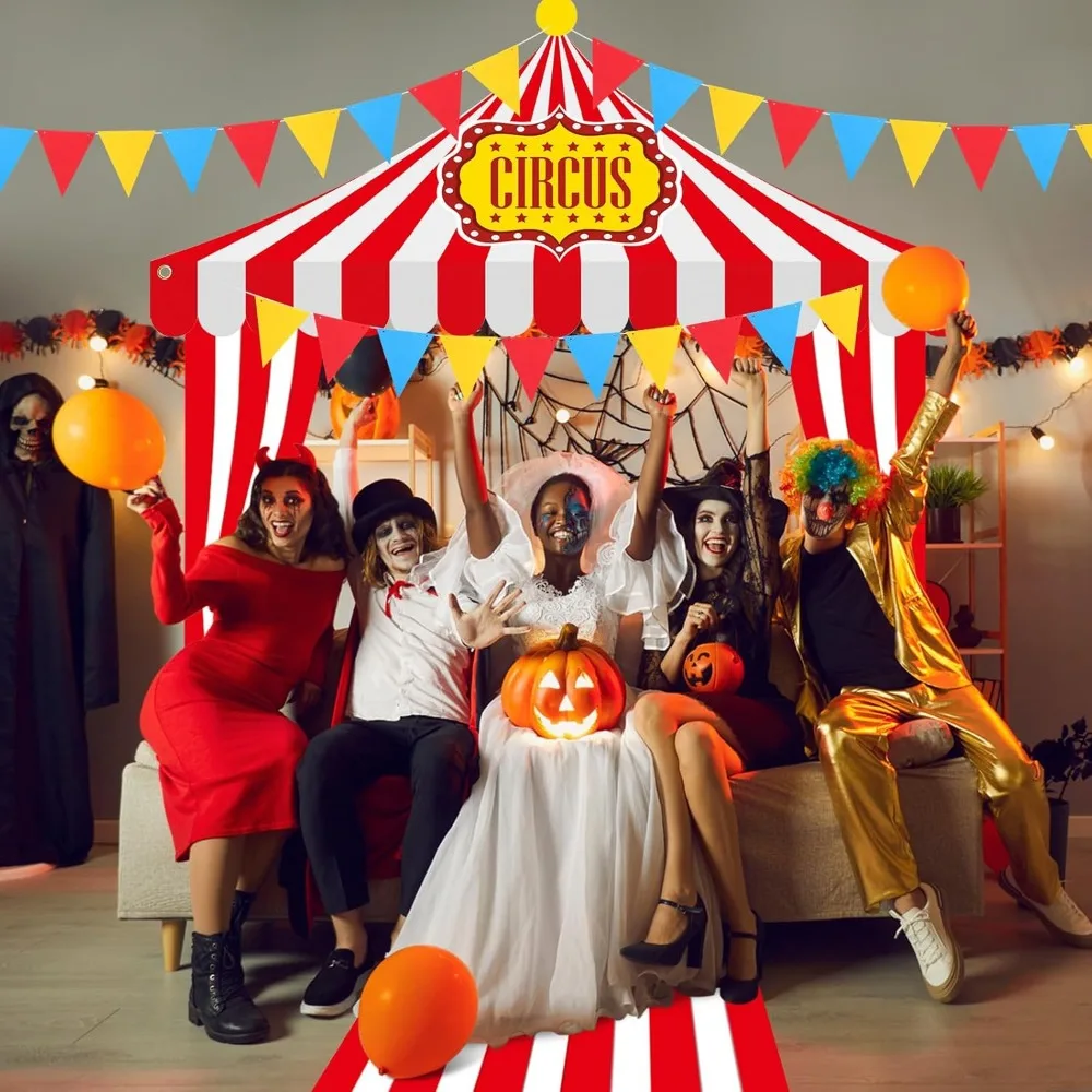 5 قطعة مجموعة زينة حفلات مدخل الكرنفال زينة خيمة السيرك باللونين الأحمر والأبيض مظلة مخططة معلقة لافتة الممر العدائين