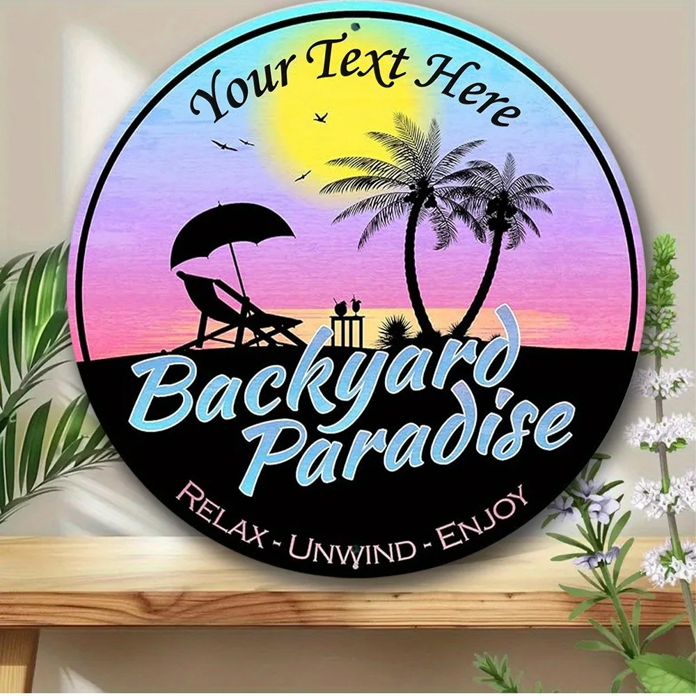 [2D Flat] 1pc Custom Text Sunset Palm Tree Backyard Paradise Round Aluminum Wall Sign (Only For Decoration)
