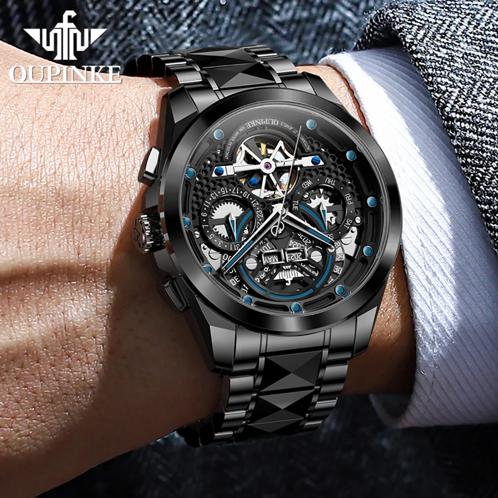 OUPINKE Tourbillon Mens Watches Top Brand Luxury Waterproof Sports Men Skeleton Automatic Mechanical Watch for Men Gift Relogio