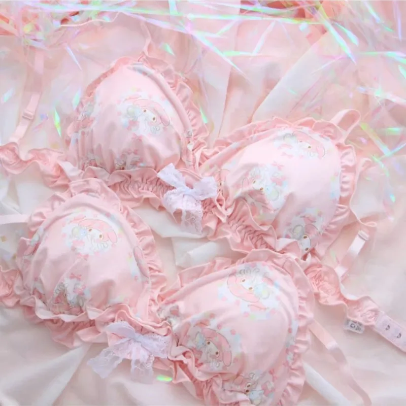 Cute Cartoon Pattern Rabbit Cat Japanese Bra Girl Sweet Bow Lace Underwear No Wires Small Breast Push Up Bra Set Holiday Gift - view 3