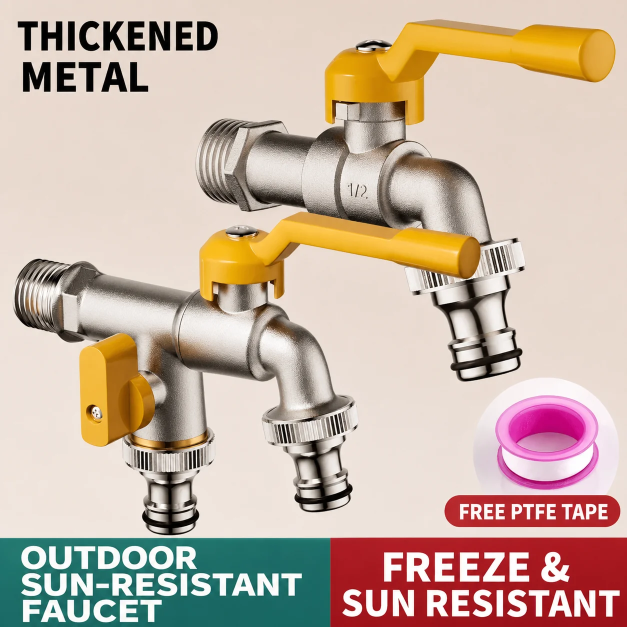 Freeze Proof Outdoor Faucet 1 in 2 Out Dual Outlet Hose Bib Lawn Garden Washing Machine Tap Lockable G1/2