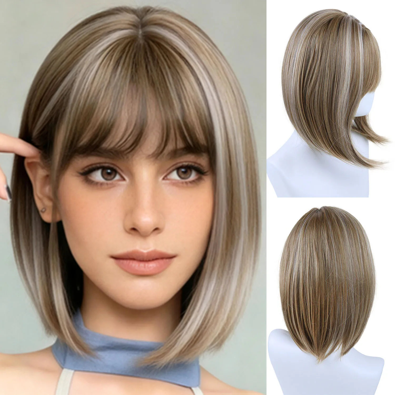 

Женский парик с челкой Синтетические смешанные коричневые парики для женщин Натуральный повседневный женский парик Короткие прямые волосы Косплей Вечеринка