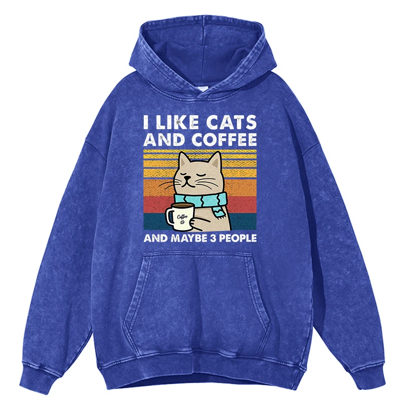 Vintage Distressed Washing I Like Cats And Coffee Street Funny Mens Clothes Cotton Hip Hop Hoodie Casual Loose Sweatshirt Hoody