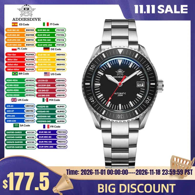 ADDIESDIVE 40mm Watch For Men AD2060 Synthetic Sapphire 20Bar Diving BGW9 Super Luminous NH35A Automatic Mechanical Watch