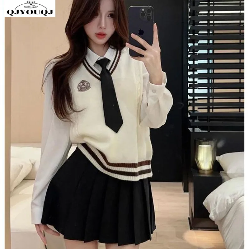 

Three piece set of women's Korean style college style solid color shirt+knitted vest+high waisted pleated short skirt