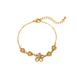 Delicate 18K Gold Plated Stainless Steel Cubic Zirconia Stone Star Paved Flower Charm Bracelet for Women Girl Jewelry Gift
