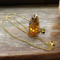 Honey Jar Pendant Necklace Bee and Honeycomb Honey Resin Dropper Glass Bottle Charm 18 inch Chain Bohemia Jewelry Gift