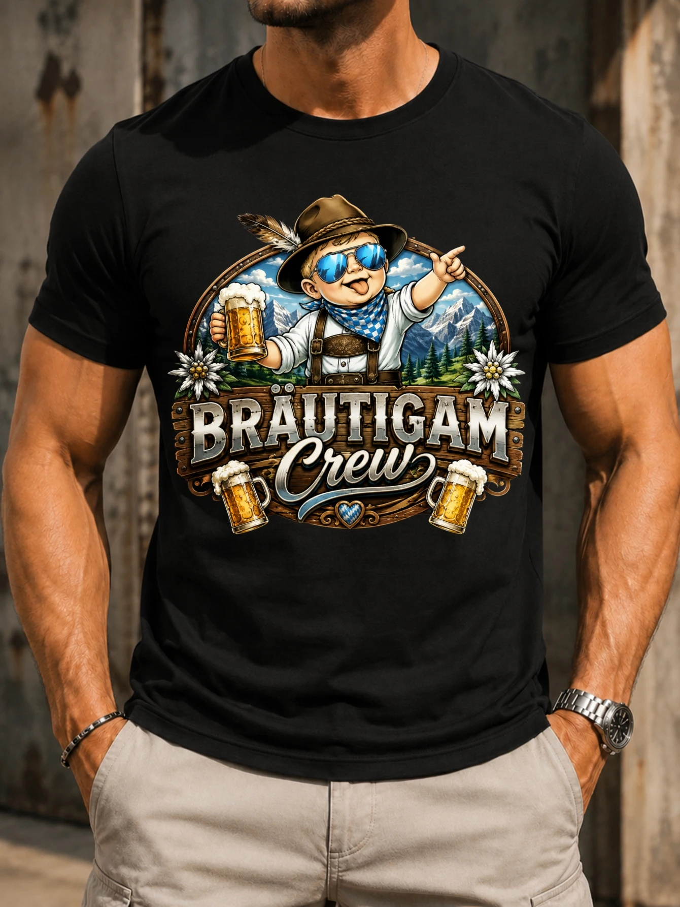 T-shirt unisexe style alpiniste allemand avec motif garçon de montagne, bière, fleurs d'edelweiss et panneau en bois