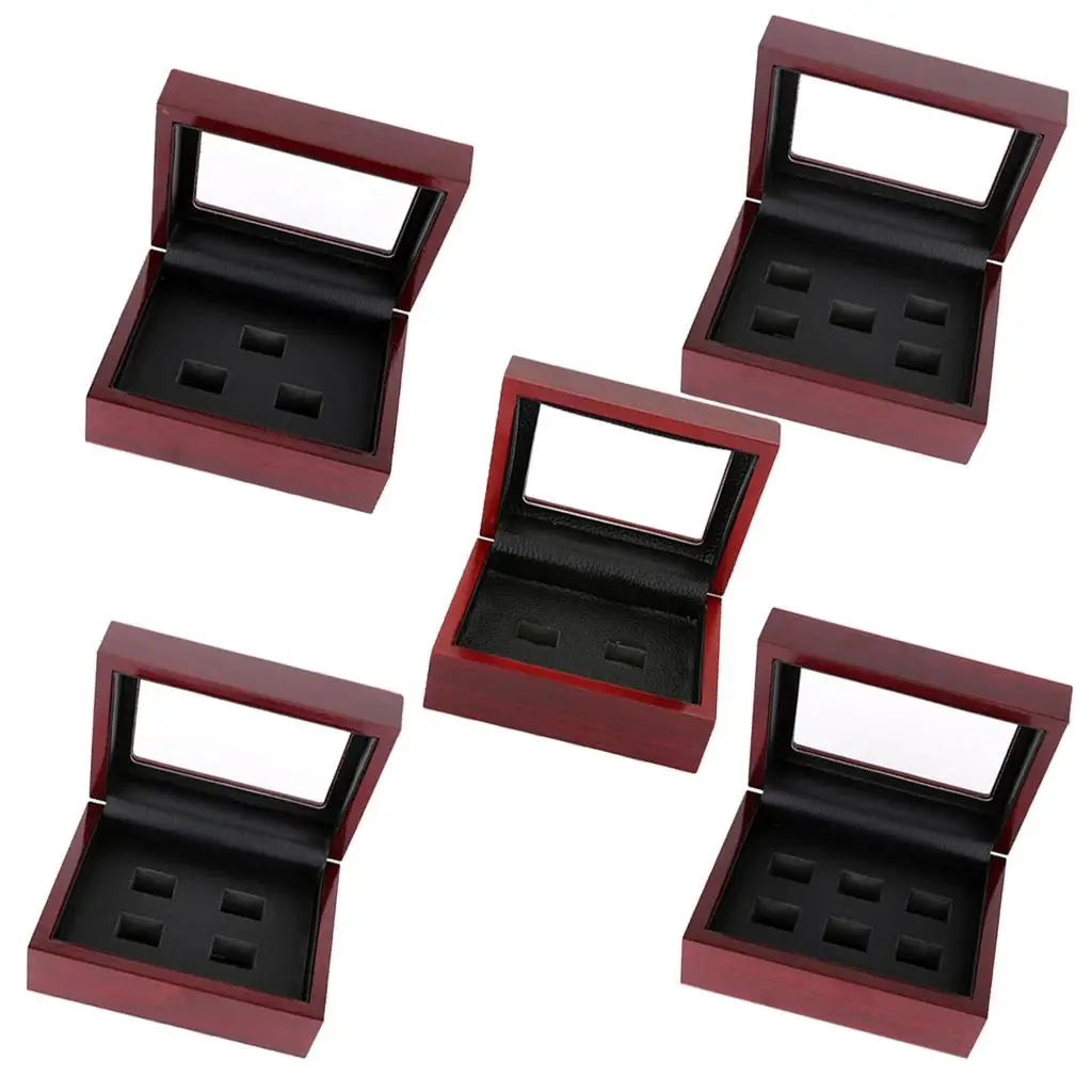 Wooden Championship Ring Box Leather Interior Collection Glass Lid 2-6 Hole