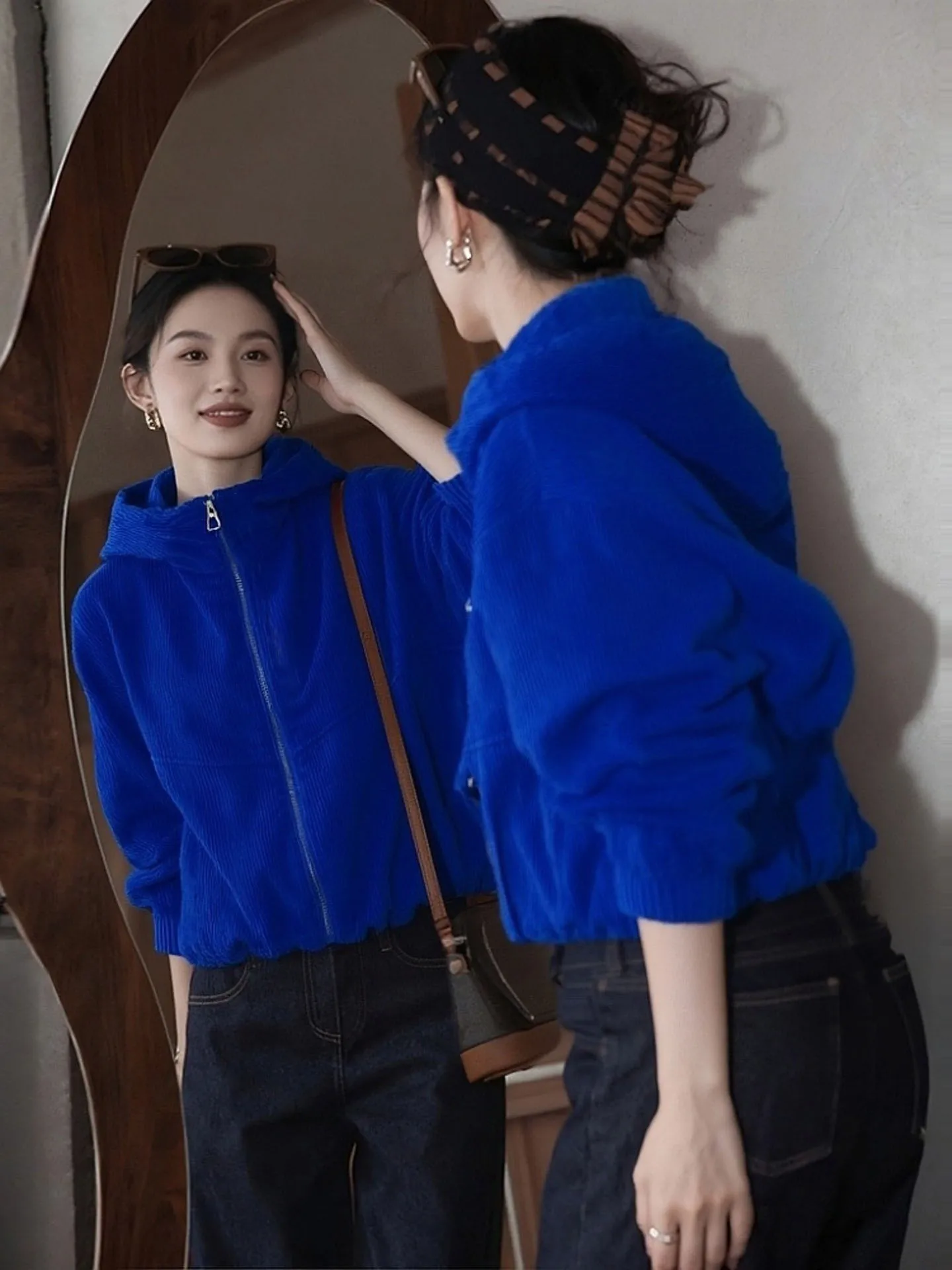 

Unique High-End Blue Corduroy Jaet Women's Outerwear Cool Sli Commute Sle Long Sve Thiened Zipper Closure Daily ...
