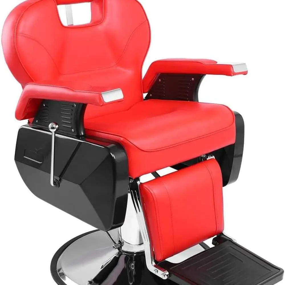 

Sturdy 440lbs Capacity Barber Chair with Recline, Swivel & Hydraulic, Ideal for Salons, Red