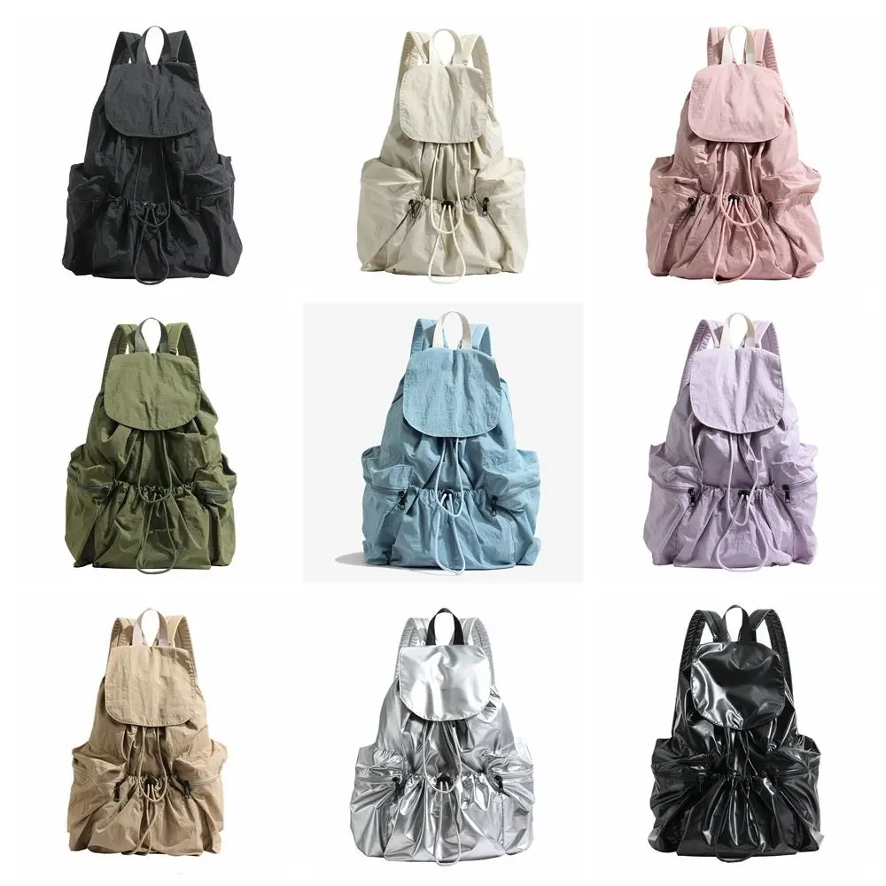 Cute Korean Style Drawstring Backpack Fold Niche Design Light Soft Nylon Bag Large Capacity Book Bag Shoulder Bag Girls