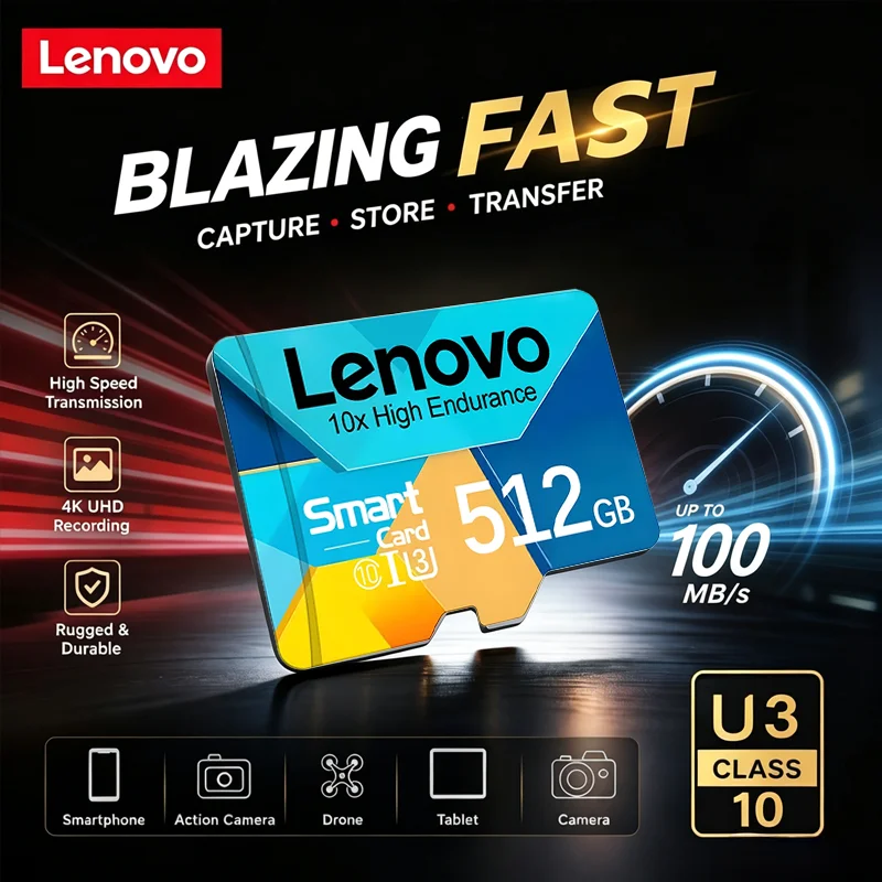 Lenovo High-Speed Micro SD Card 512GB Class 10 TF/SD Mini Memory 64GB 256GB Options for Camera Photo Video Computer