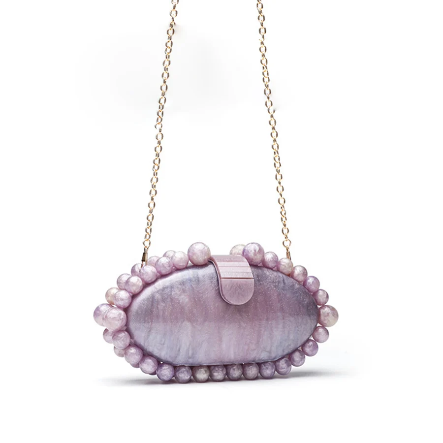 Marble-Patterned Beads Acrylic Box Evening Clutch Bag Summer Women Design Luxury Purses And Handbags Wedding Party Oval Clutches