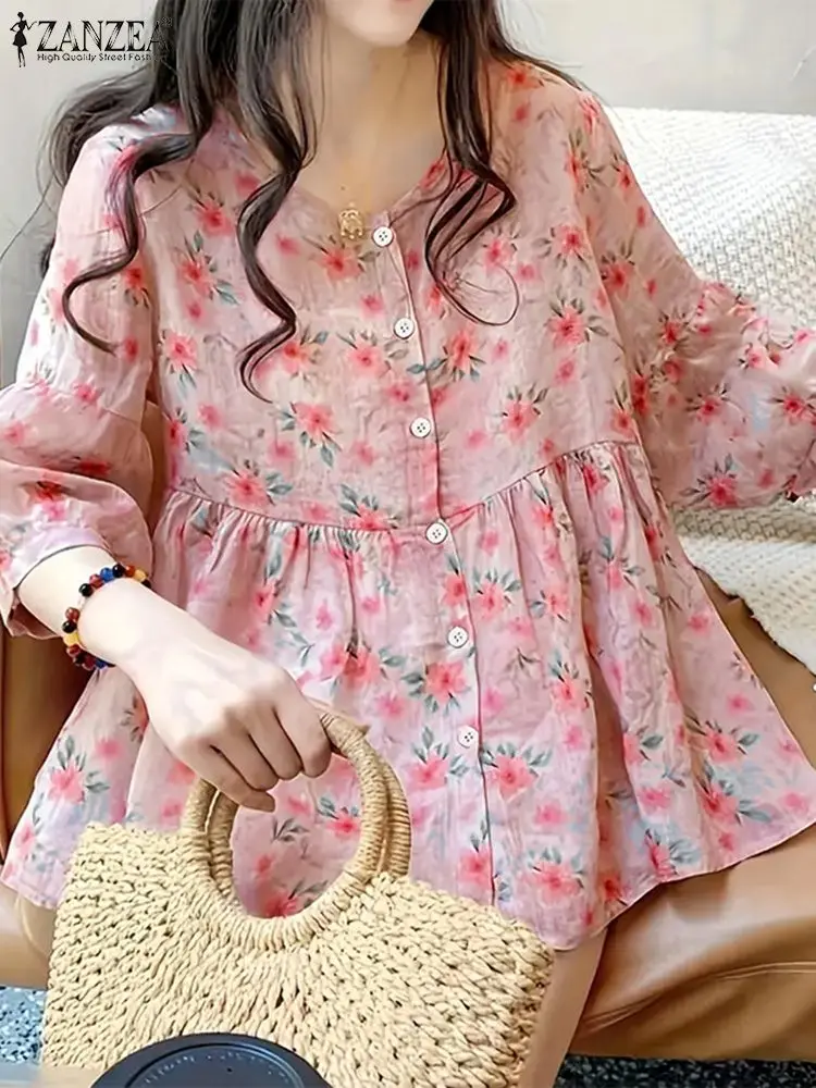 ZANZEA Autumn Elegant Floral Printed Shirt Women 3/4 Lantern Sleeve Blouse Bohemain Casual Holiday Blusas Ruffles Hem Tunic Tops