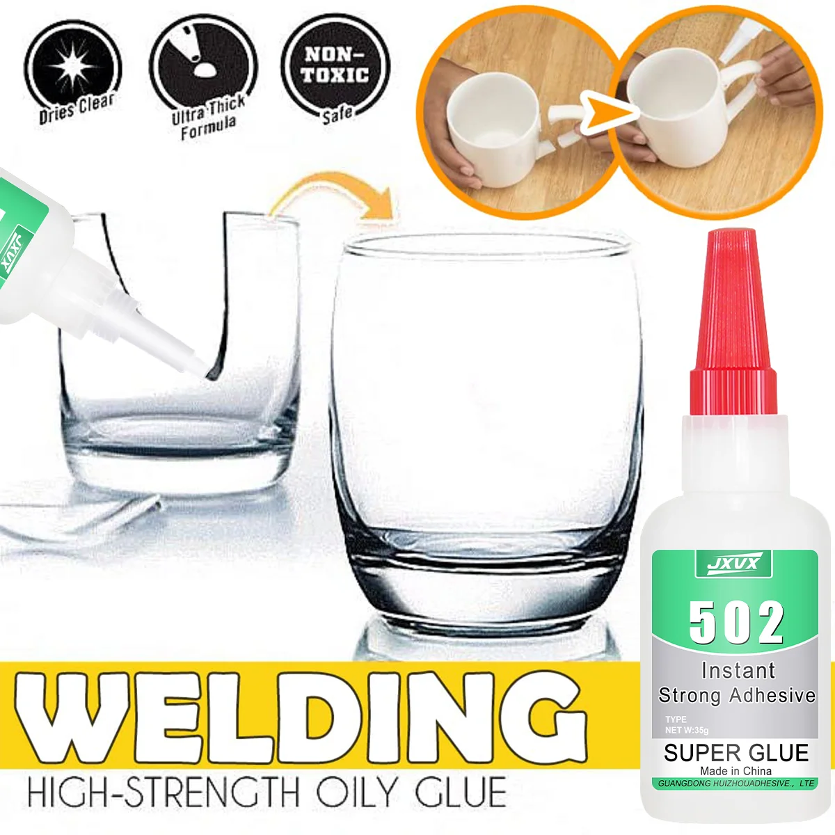 

502 Glue 35g, Premium Cyanoacrylate Adhesive, Powerful Super Strong Glue 502, Instant Adhesive, Quick Drying, Metal, Glass, Plastic, Leather, Stone, Wood Cement, Super Glue