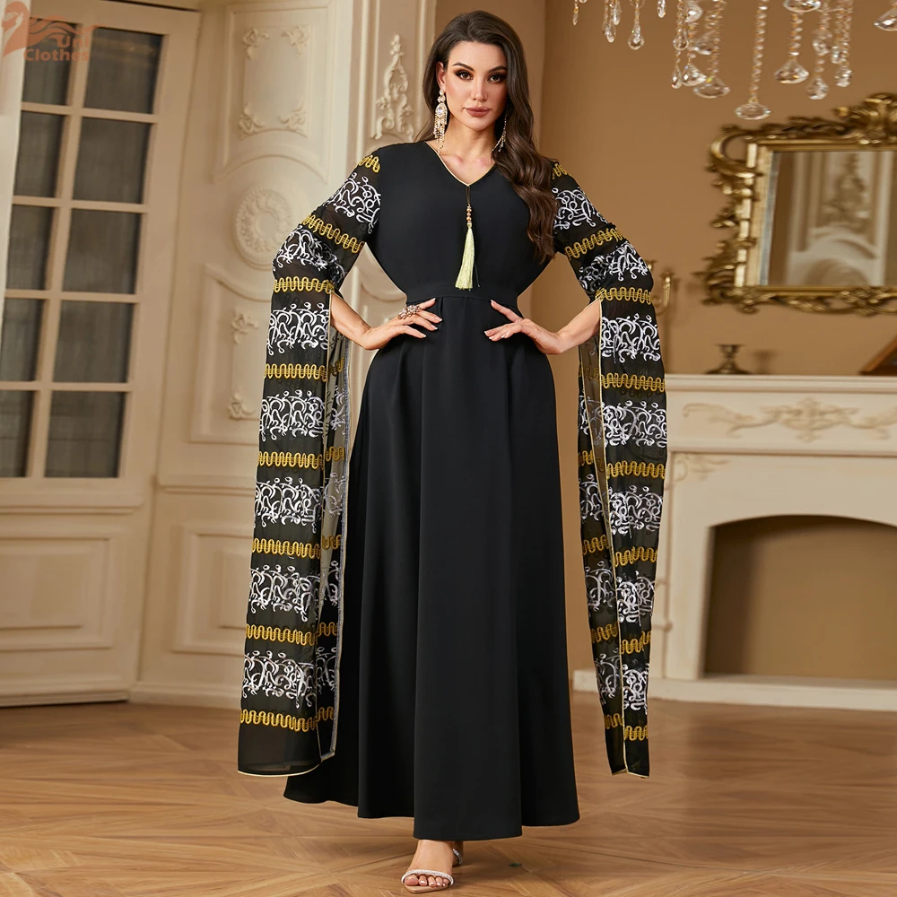 New In Dress Rhinestone Patchwork Floral Print Islamic Long Dress Muslim Dubai Turkey Arab Elegant Abaya For Femme 2024 ﻿