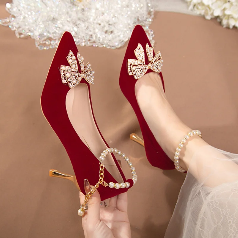 Red Pearl Bowknot Wedding Party Shoes for Women String Bead Thin Heels Pumps Ladies Ankle Strap Pointed Toe High Heels Shoes