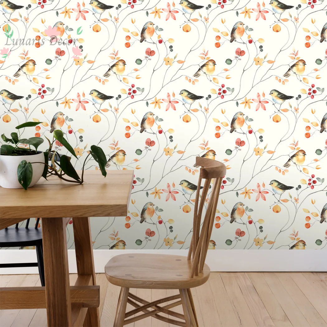 Self-adhesive wallpaper - floral, bird, and greenery design - living room background renovation - roll wallpaper - view 3