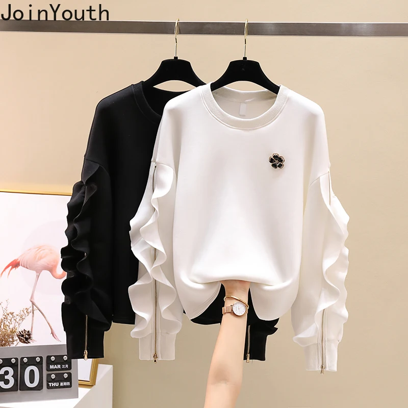 Joinyouth Clothes for Teens Korean Fashion Sweatshirts Women O-neck Ruffles Zipper Pullovers Tops Loose Casual Sweet Hoodies