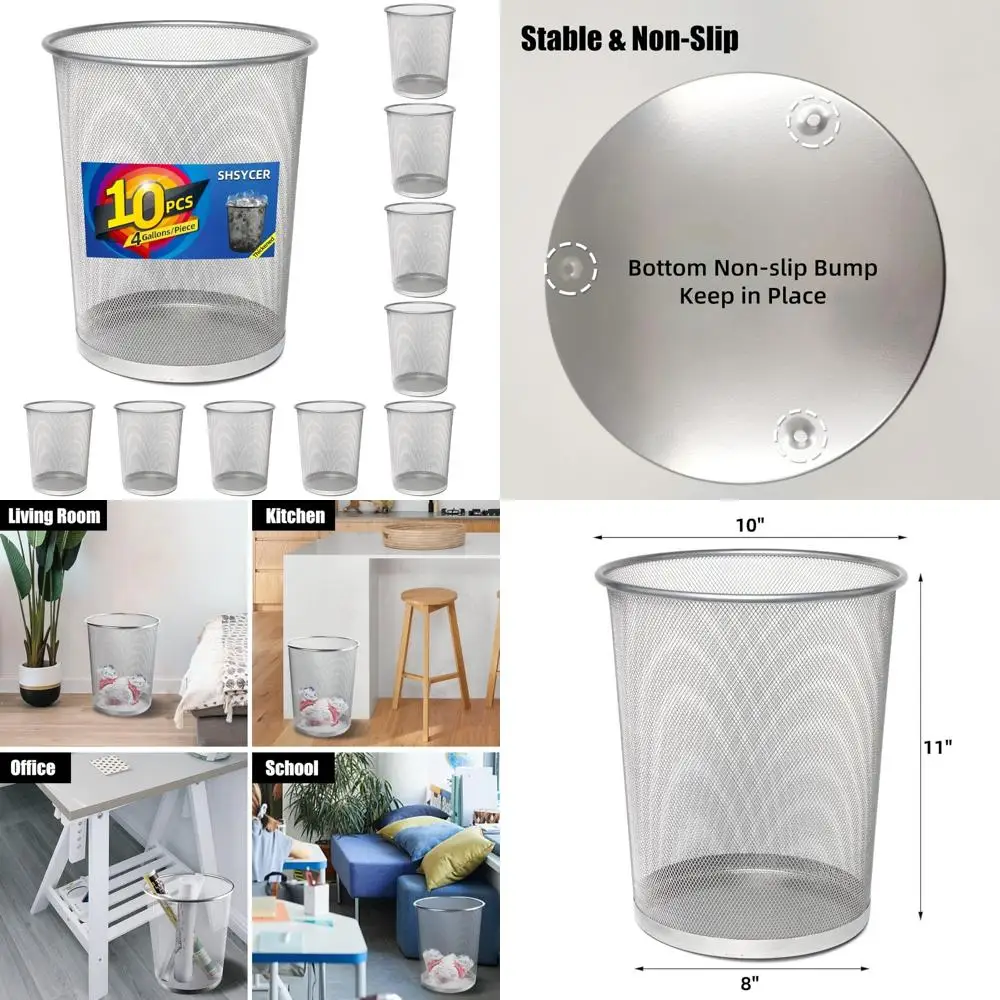 

4 Gallon Silver Mesh Wastebaskets, 10 Pack Metal Wire Trash Cans for Office Recycling and Home Use