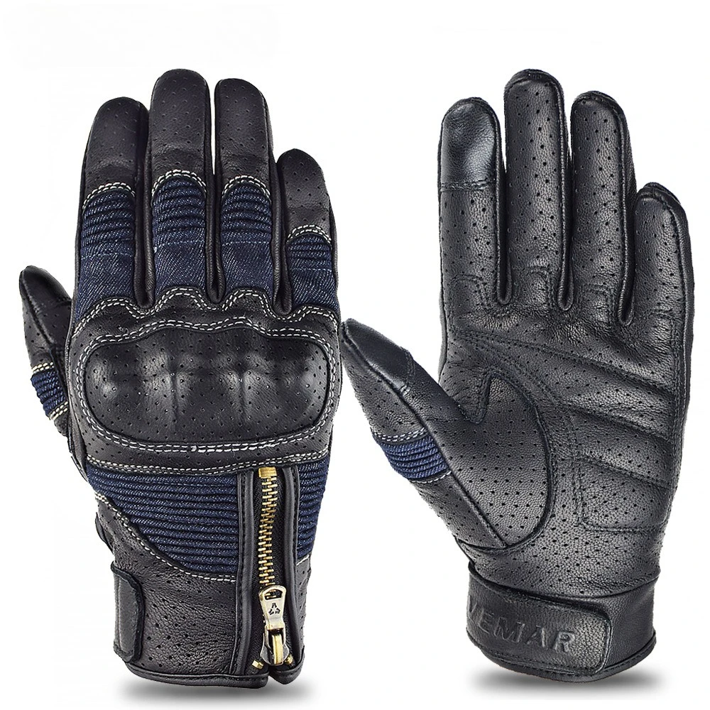 Motorcycle Gloves Cowhide Denim Retro Breathable Racing Riding Protective Gear Vintage Touch Screen for Motorcycle Scooter