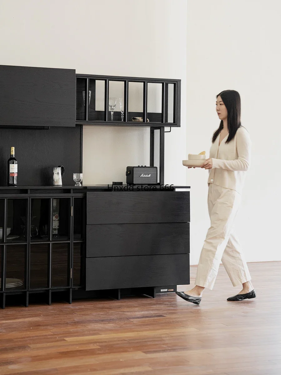 Edge black integrated kitchen against the wall Solid wood light luxury high-end rock slab locker