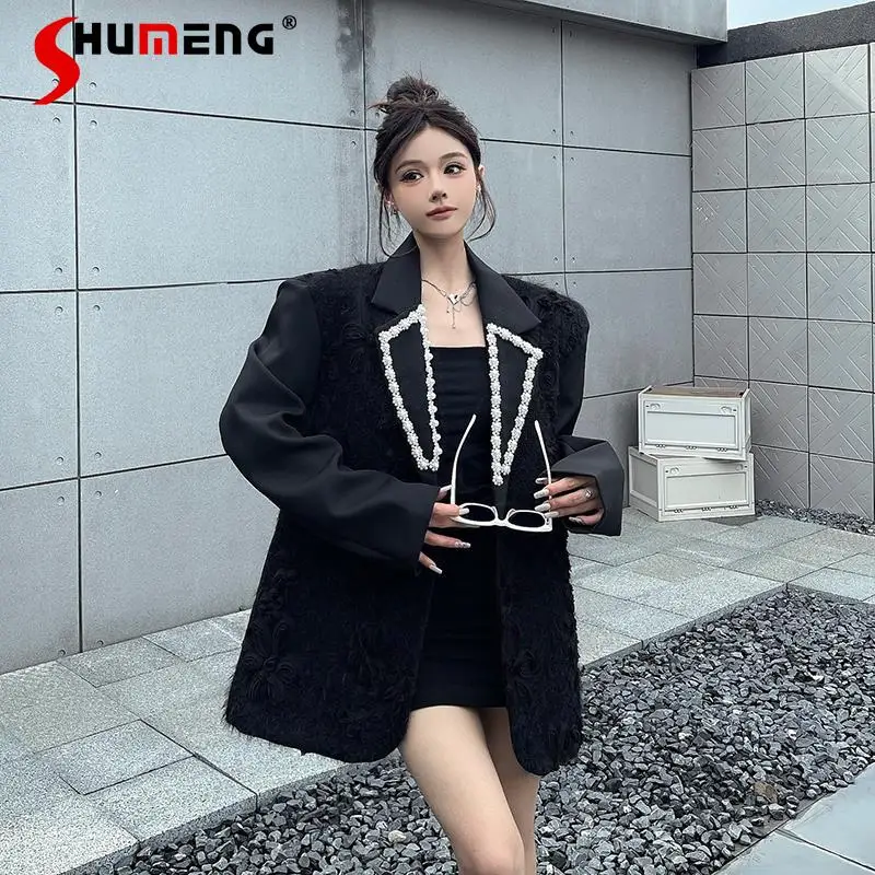 

Fashion Suit Jackets Women 2025 Autumn New Socialite Elegant High-end Jacquard Beaded Loose Padded Shoulder Long Sleeve Blazers